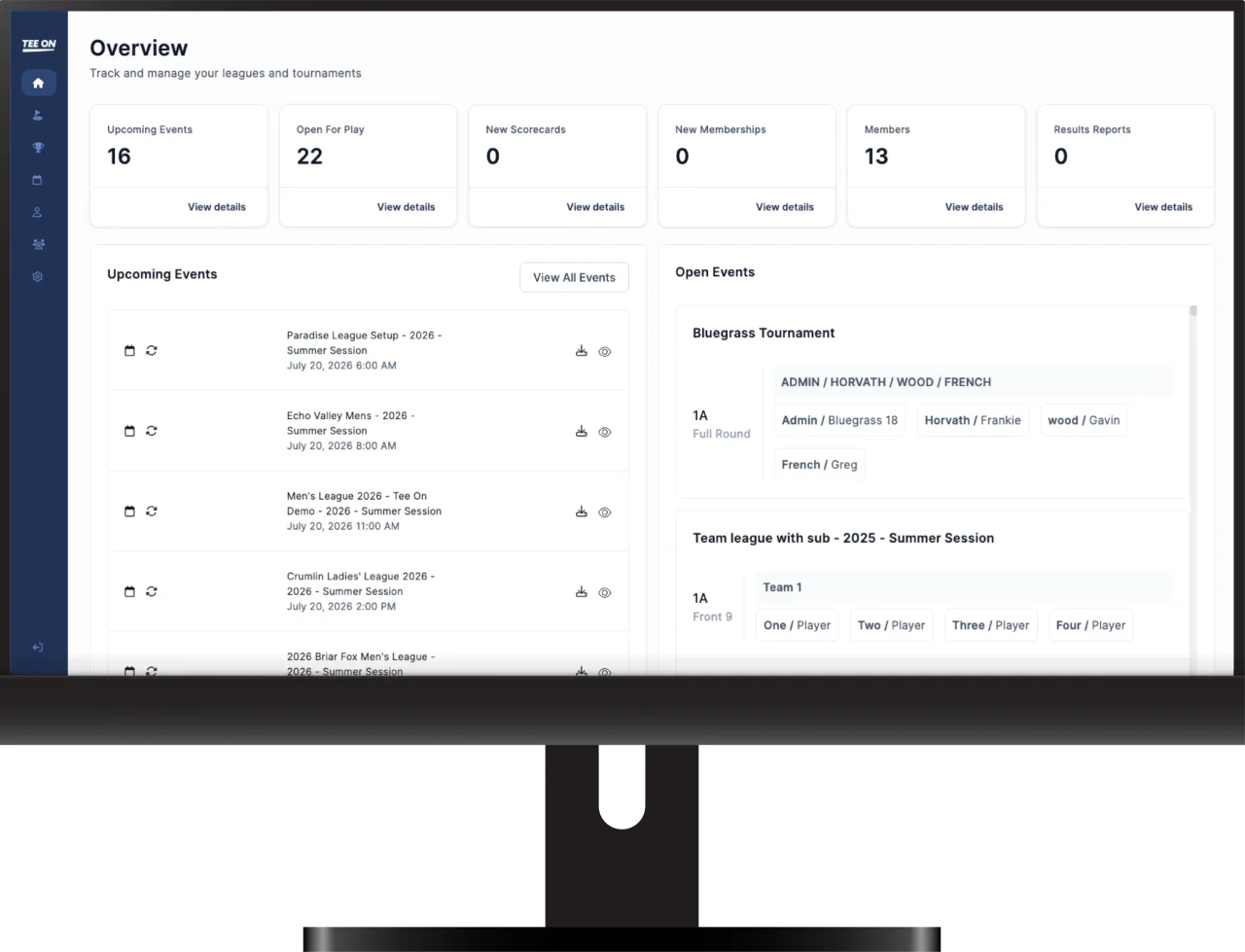 Tee On Game Planning screen: league setup with course selection, shotgun start, and scramble format; step shown is Team Adjustments.