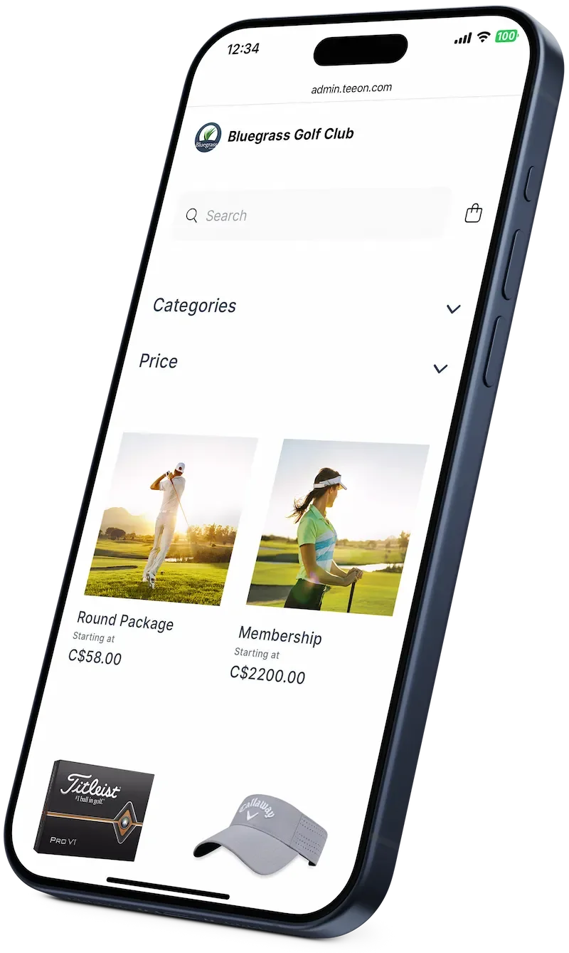 Phone showing Tee On Online Store product listing with golf merchandise.