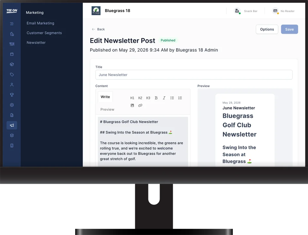 Desktop monitor showing the Tee On newsletter post editor