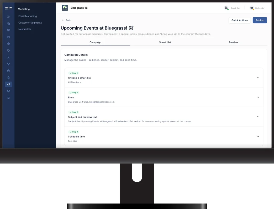 Desktop monitor showing Tee On email campaign details