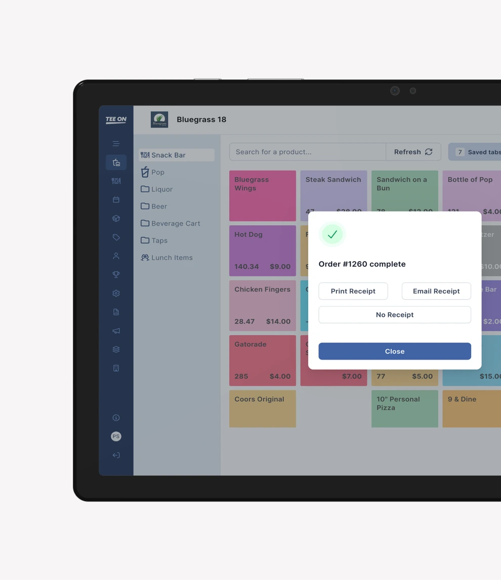 Tee On Payments on a tablet showing a completed order