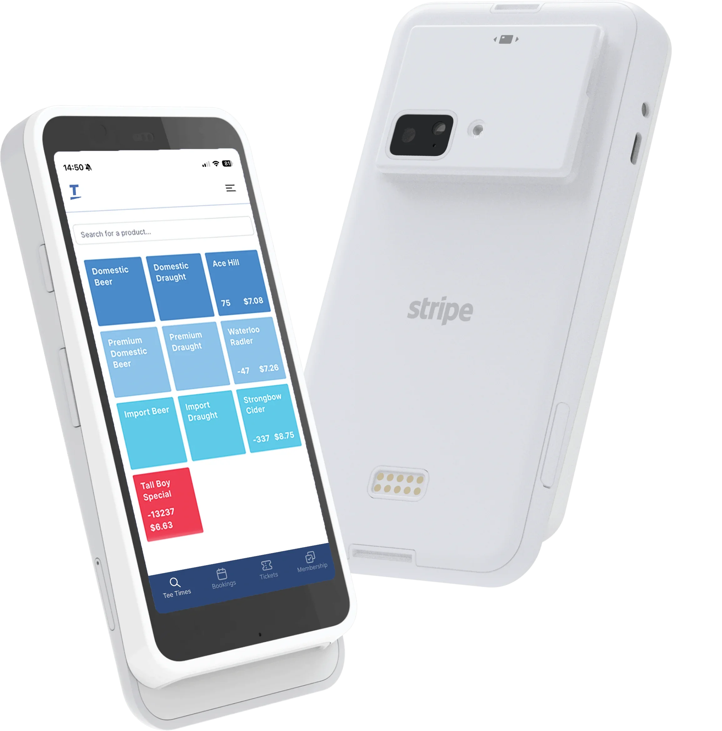 Two payment terminals: front with Tee On logo on screen, back showing Stripe logo.
