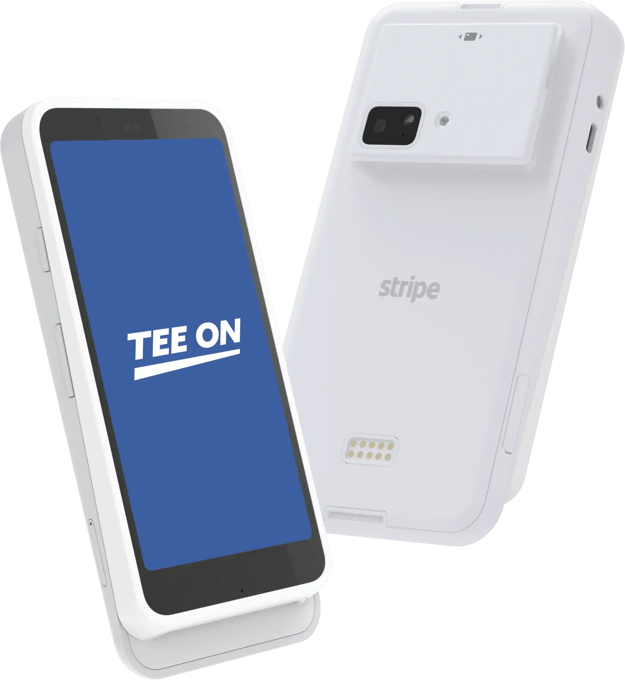 Two payment terminals: front with Tee On logo on screen, back showing Stripe logo.