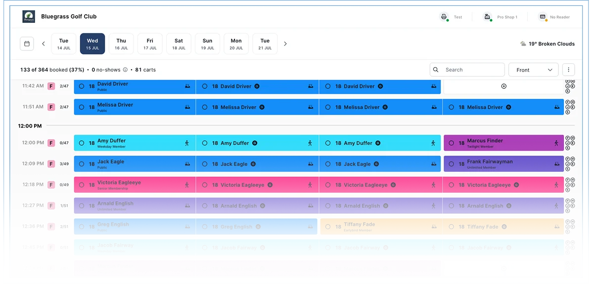 Tee On tee sheet management software showing a weekly booking schedule with player details and tee time assignments