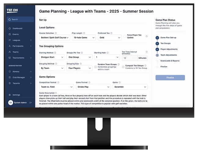 Tee On Game Planning screen: league setup with course selection, shotgun start, and scramble format; step shown is Team Adjustments.