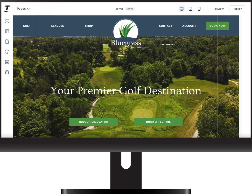 Desktop monitor showing the Tee On website builder editing a golf course homepage