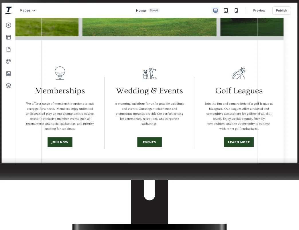 Desktop monitor showing Tee On website builder page layout options